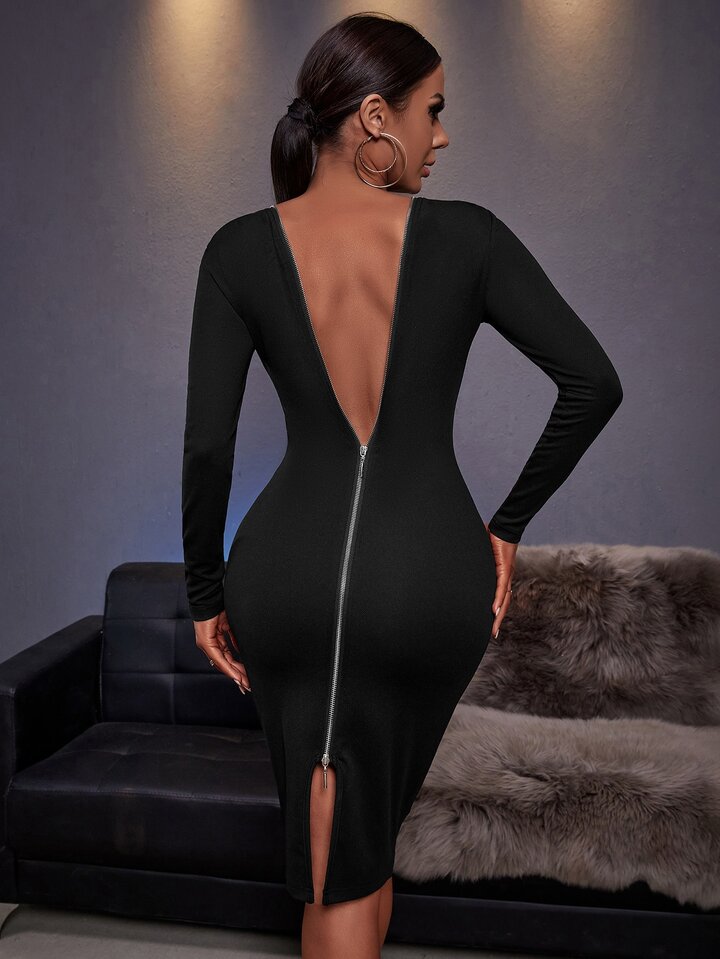 SHEIN SXY Solid Zipper Back Bodycon Dress