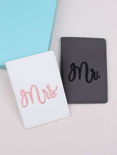 Bộ 2 bao đựng hộ chiếu thêu chữ thập cho cặp đôi đi du lịch đám cưới, quà cưới Mr. & Mrs., thẻ quà tặng, quà rửa tội cho cô dâu, đồ dùng du lịch tuần trăng mật, quà lưu niệm cặp đôi, quà cho phù dâu và cô dâu