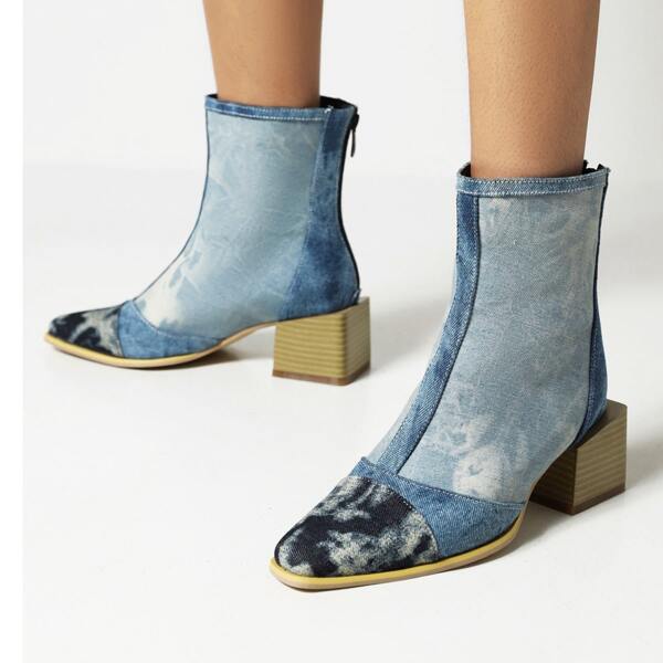 

Colorblock Denim Back Zipper Point Toe Chunky Boots, Blue