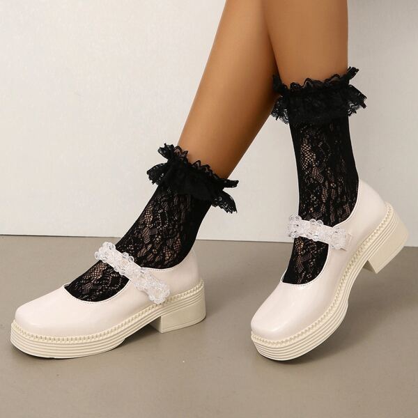 

Floral Decor Flatform Mary Janes, Beige