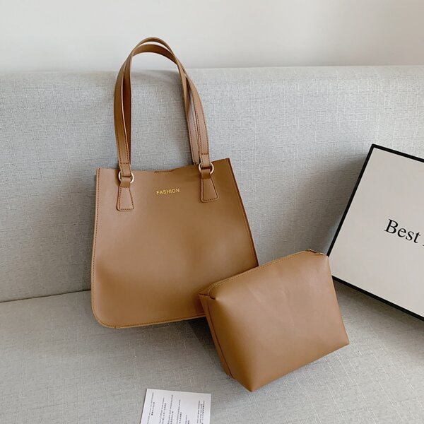 

Letter Graphic Tote Bag With Inner Pouch, Brown