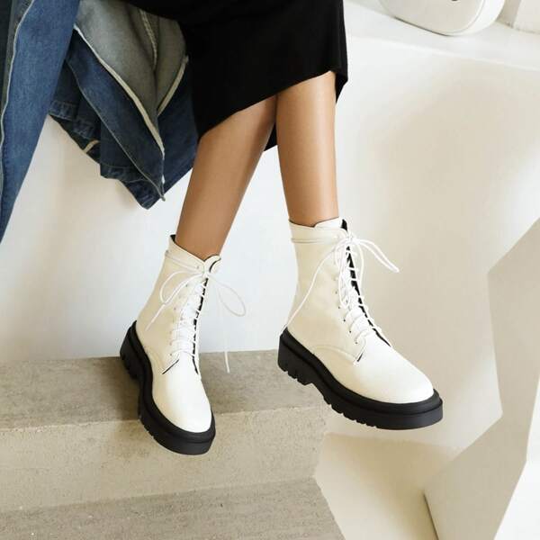 

Lace-up Front Flatform Boots, White