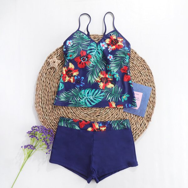 

Floral & Tropical Print Shorts Bikini Swimsuit, Multicolor