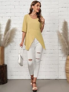 SHEIN Unity Scoop Neck Asymmetrical Hem Blouse Asymmetrical Top - Yellow - View 5