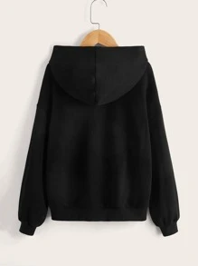 SHEIN Áo nỉ nữ tuổi teen in hình trái tim, túi kangaroo, vai rớt - màu đen - Xem 2