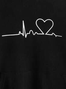 SHEIN Áo nỉ nữ tuổi teen in hình trái tim, túi kangaroo, vai rớt - màu đen - Xem 4