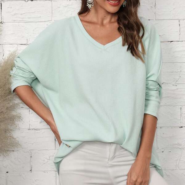 

Ribbed Batwing Sleeve V-neck Solid Tee, Mint green
