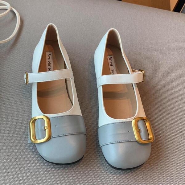 

Buckle Decor Two Tone Mary Jane Flats, Blue and white