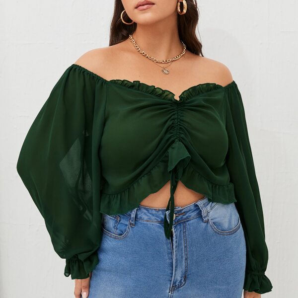

Plus Frill Trim Drawstring Off The Shoulder Blouse, Dark green