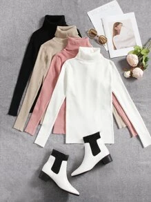 SHEIN LUNE 4 件纯色高领罗纹针织毛衣、长袖上衣 - 彩色 - 查看 1