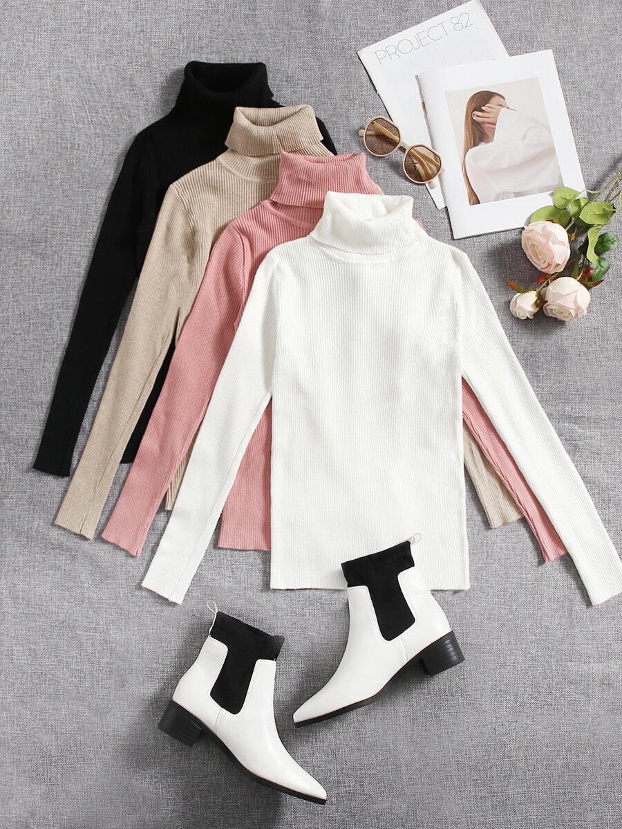 SHEIN LUNE 4 件纯色高领罗纹针织毛衣、长袖上衣 - 彩色 - 查看 1