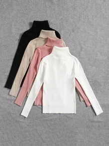 SHEIN LUNE 4 件纯色高领罗纹针织毛衣、长袖上衣 - 彩色 - 查看 2