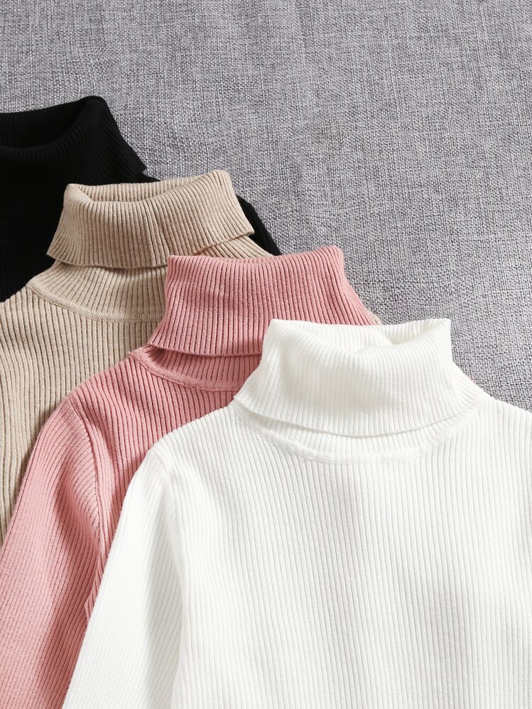 SHEIN LUNE 4 件纯色高领罗纹针织毛衣、长袖上衣 - 彩色 - 查看 3