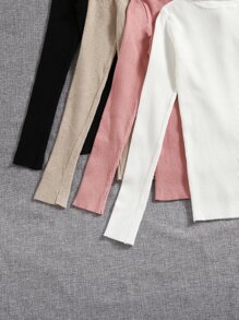 SHEIN LUNE 4 件纯色高领罗纹针织毛衣、长袖上衣 - 彩色 - 查看 4