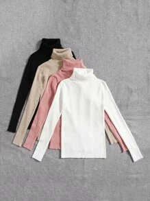 SHEIN LUNE 4 件纯色高领罗纹针织毛衣、长袖上衣 - 彩色 - 查看 5