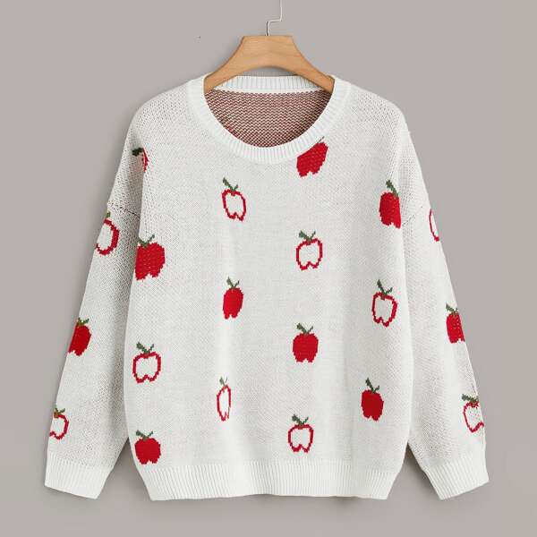 

Plus Apple Pattern Drop Shoulder Sweater, White