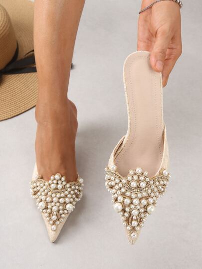 Women Faux Pearl Decor Stiletto Heeled Mules, Fashion Outdoor Pumps,Elegant,Party,Summer Outfits