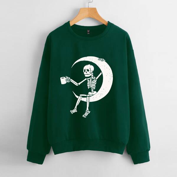 

Plus Skull Print Drop Shoulder Sweatshirt, Dark green