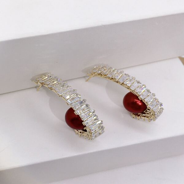 

14K Gold Plated Zircon Decor Earrings, Burgundy