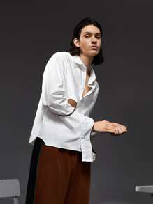 SARACAMILLE 男士商务休闲撞色剪裁不对称下摆衬衫，办公室 - 白色 - 查看 1