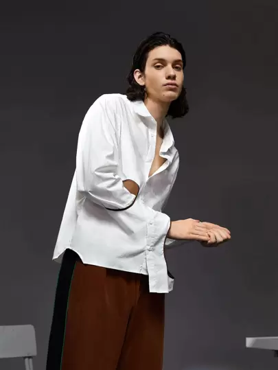 SARACAMILLE 男士商务休闲撞色剪裁不对称下摆衬衫，办公室