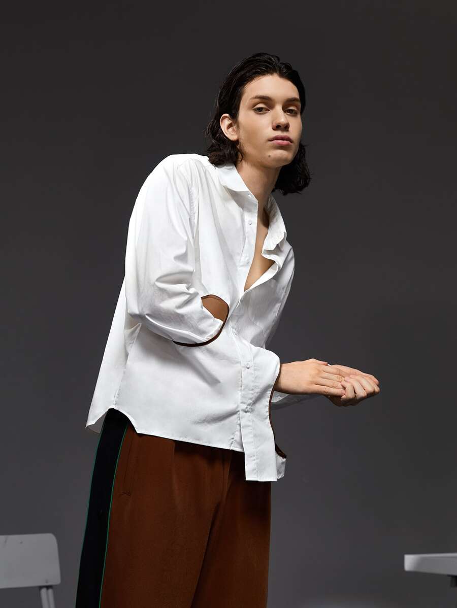 SARACAMILLE 男士商务休闲撞色剪裁不对称下摆衬衫，办公室 - 白色 - 查看 1