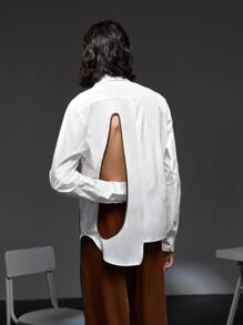 SARACAMILLE 男士商务休闲撞色剪裁不对称下摆衬衫，办公室 - 白色 - 查看 2