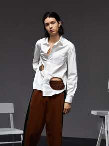SARACAMILLE 男士商务休闲撞色剪裁不对称下摆衬衫，办公室 - 白色 - 查看 4
