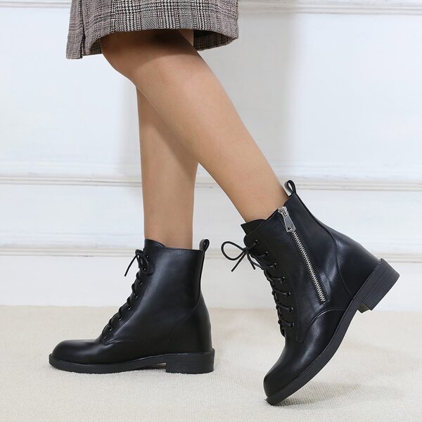 

Side Zip Hidden Heeled Combat Boots, Black