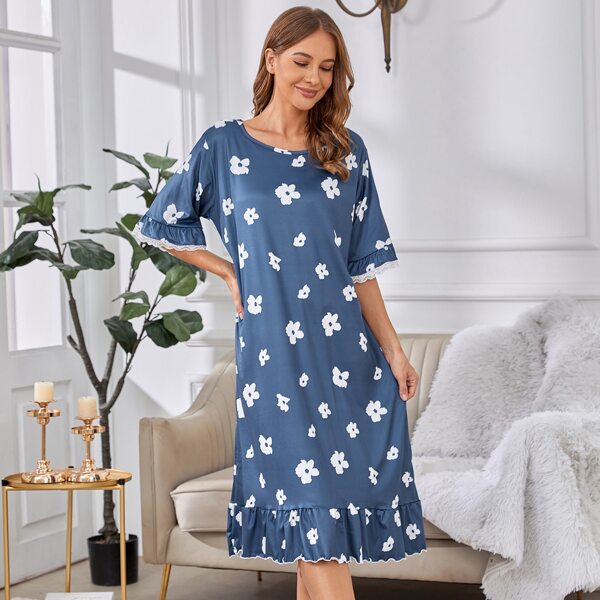 

Floral Print Lace Trim Ruffle Hem Night Dress, Dusty blue