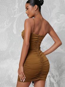 Ruched Cami Bodycon Mini Dress - Mocha Brown - View 2