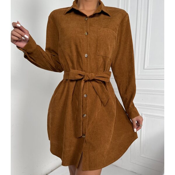 

Pocket Patched Button Front Belted Corduroy Shirt Dress, Brown