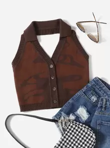 SHEIN Graphic Pattern Knit Halter Top - Coffee Brown - View 1