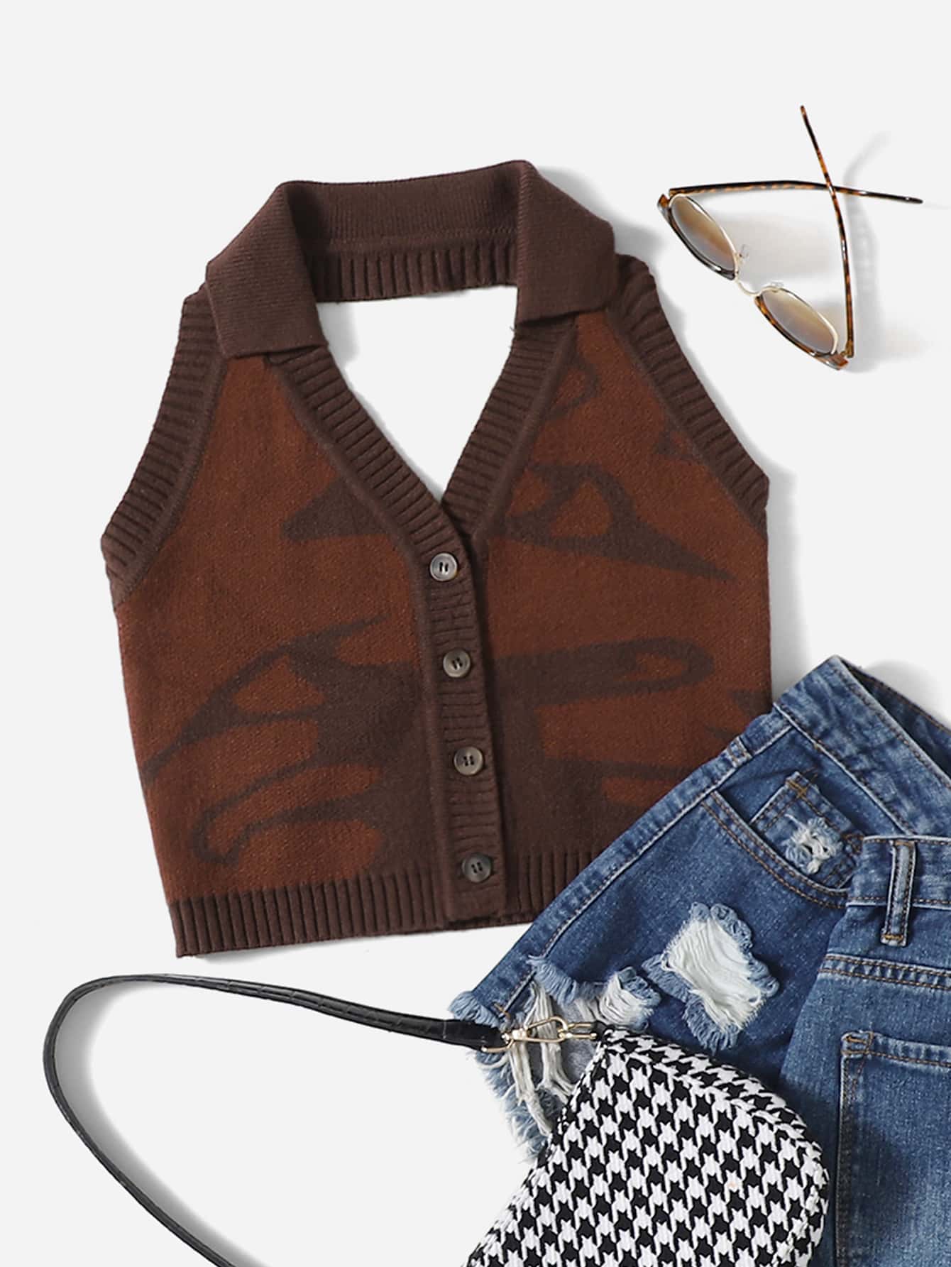 SHEIN Graphic Pattern Knit Halter Top - Coffee Brown - View 1