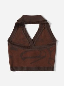 SHEIN Graphic Pattern Knit Halter Top - Coffee Brown - View 2