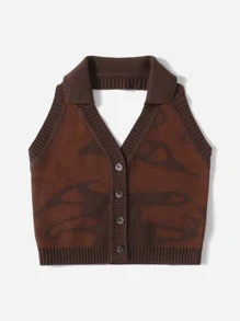 SHEIN Graphic Pattern Knit Halter Top - Coffee Brown - View 3