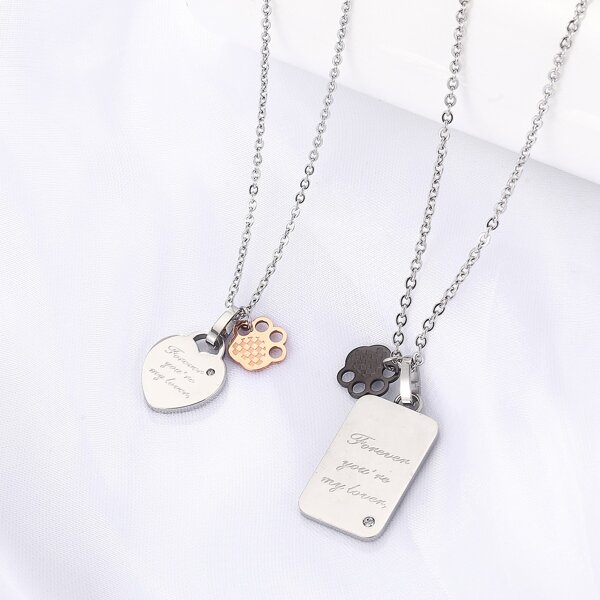 

2pcs 18K Gold Plated Paw & Geometric Charm Necklace, Silver
