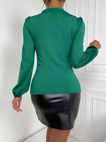 Mock Neck Ruched Front Lantern Sleeve Top - Green - View 2