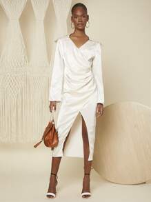 SHEIN Surplice Neck Ruched Wrap Hem Satin Dress - Champagne - View 1