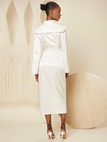 SHEIN Surplice Neck Ruched Wrap Hem Satin Dress - Champagne - View 2