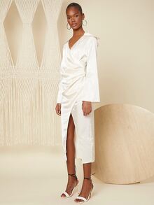 SHEIN Surplice Neck Ruched Wrap Hem Satin Dress - Champagne - View 3