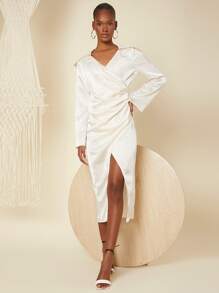 SHEIN Surplice Neck Ruched Wrap Hem Satin Dress - Champagne - View 4