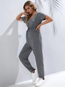 SHEIN Maternity V Neck Drawstring Waist Jumpsuit - Grey - View 2