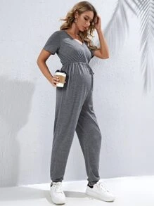 SHEIN Maternity V Neck Drawstring Waist Jumpsuit - Grey - View 4