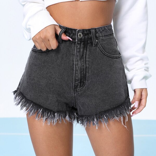 

Solid Raw Hem Straight Denim Shorts, Grey