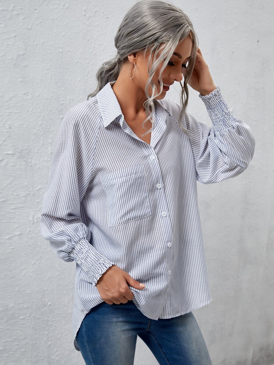 Blusa con bolsillo delantero de manga raglán de rayas - Blanco - Ver 1