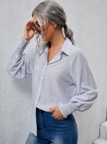 Blusa con bolsillo delantero de manga raglán de rayas - Blanco - Ver 4