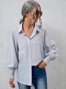 Blusa con bolsillo delantero de manga raglán de rayas - Blanco - Ver 5