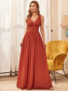 EVERPRETTY Elegant Chiffon V-Neck Sleeveless Ruched Long Formal Tangerine Bridesmaid Dress, Spring/Summer Wedding Guest Dress, Wedding/Graduation Ceremony Dress - Burnt Orange - View 8