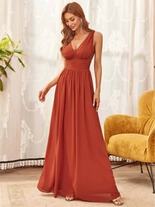 EVERPRETTY Elegant Chiffon V-Neck Sleeveless Ruched Long Formal Tangerine Bridesmaid Dress, Spring/Summer Wedding Guest Dress, Wedding/Graduation Ceremony Dress - Burnt Orange - View 6